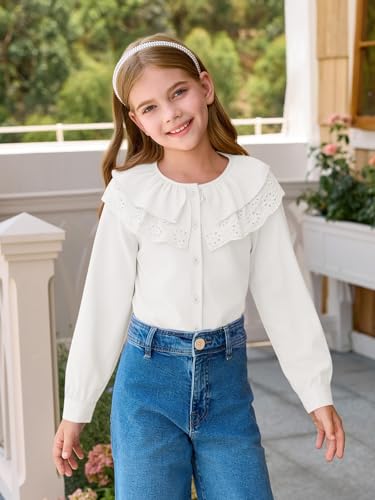 Girls Eyelet Ruffle Collar Blouse Kids Long Sleeve Button Down Shirt Cute Uniform Tops 5-14 Years4