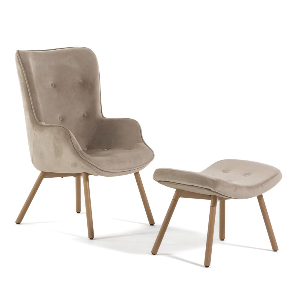 SIEDITI FUORI E DENTRO Poltrona relax da salotto con poggiapiedi in velluto con gambe in metallo effetto legno Sissi, poltrona con braccioli da Lettura/Camera da letto/Caffè/Studio (Beige)