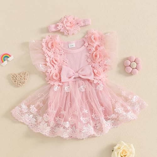 Baby Girl Romper Dress Flower Lace Tulle Dresses with Headband Newborn Photography Birthday Outfits3