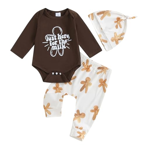Image of Chloefairy Newborn Baby Boy Christmas Outfit Just Here for The Milk Romper Stripe/Gingerbread Man Pants Set Hat Xmas Clothes (Brown, 0-3 Months)