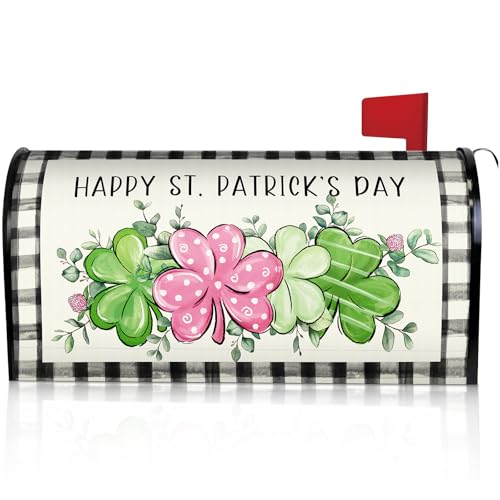 Bucherry St. Patrick's Day Magnetic Mailbox Cover Shamrock Clovers Magnetic Post Box Wrap Standard 21x18 in Waterproof Saint Patrick's Day Mailbox Cover Lucky Four Leaves Holiday Outdoor Decoration