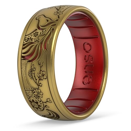 Enso Rings Dual Tone Silicone Ring - Comfortable and Flexible Design - 7.9mm Wide 2.18mm Thick - Year of The Horse - Antique Gold/Ruby - Size 7