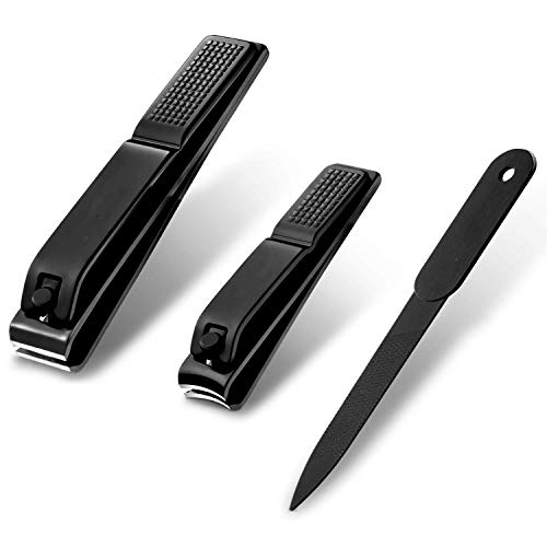 JOM Nail Clipper Set 3pcs-Black Stainless Steel, Fingernails, Toenails Clippers and Nail file with case for Men, Women and Children