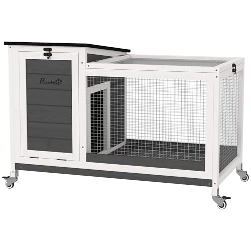 PawHut Conejera de Madera con Ruedas Jaula para Conejos con Techo Asfáltico Abatible Bandeja Desmontable y Ventana Móvil Conejera para Exterior e Interior 91x51x66 cm Blanco y Gris