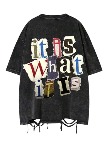 Men's Vintage Summer Tops Ripped Letter Graphic Tees Short Sleeve Crewneck Oversized T Shirts