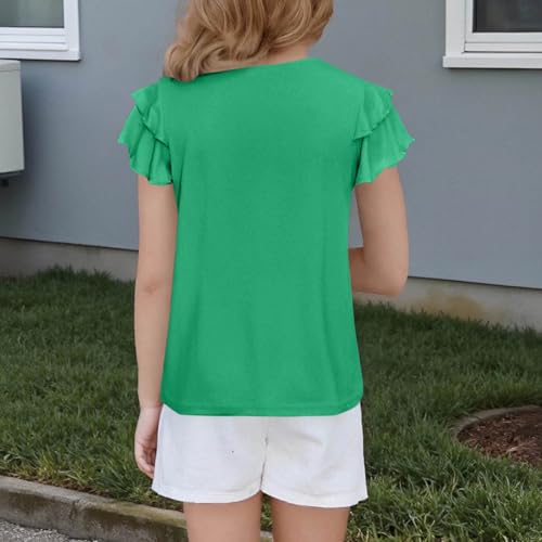 Girls T Shirts Ruffle Short Sleeve Tee Tops Summer Solid Color Casual Pleated Loose Blouse3