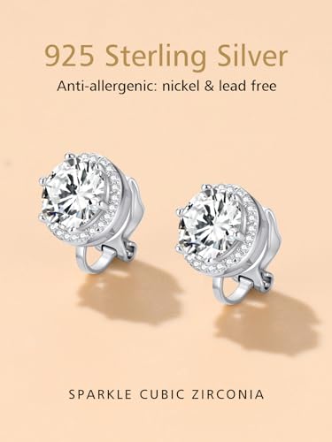 FindChic 925 Sterling Silver Non-Pierced Stud Earrings Round Birthstone Clip-on Earrings for Women Girls Sparkling Zirconia/Moonstone Studs, with Gift Box3