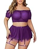 Avidlove Plus Size Lingerie Sets for Women Mesh Top and Lace Skirt Set Gater Belt Lingerie Purple 18 Plus