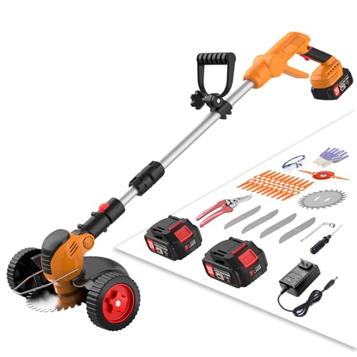 Cordless Weed Wacker Electric Eater Battery Powered, 21v Lightweight Weed Trimmer With 2 4.0Ah Battery Operated & Charger & Wheels & Shears, 3 In1 Grass Trimmer/Brush Cutter/Edger for Yard Garden Lawn