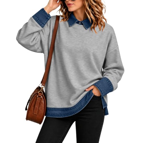 Women Polo Shirt Button Denim Patchwork Lapel Collar Long Sleeve Tops - image 5