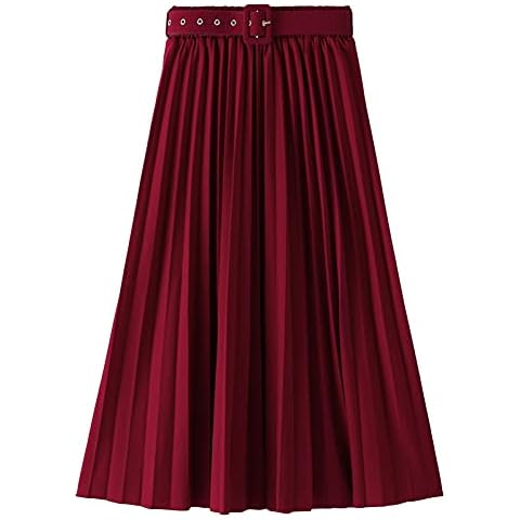 AUBIG Womens Plain Flared Skirts Show Thin Mid-Length Skirt Solid Color Beach A-line Skirts Retro Winter Casual Pleated Swing Skirts Wine Red Cover
