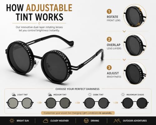 Image of Adjustable Tint Polarized Round Sunglass with Stepless Adjustable Sunglasses for Men,1-9 Gears Beach Sunglasses - Eyewear with Adjustable Lens.