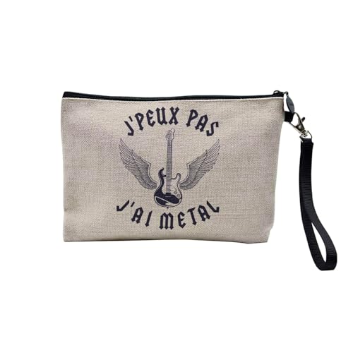 Pochette en Lin - J'Peux Pas J'Ai Métal Hard Rock Guitare Musique - Trousse Maquillage en Toile Aspect Lin - Trousse de Toilette - 23,5 x15 cm