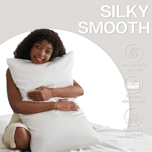 Image of MR&HM Satin Pillowcase for Hair and Skin, Silk Satin Pillowcase 2 Pack, Standard Size Pillow Cases Set of 2, Silky Pillow Cover with Envelope Closure (20x26, Ivory)