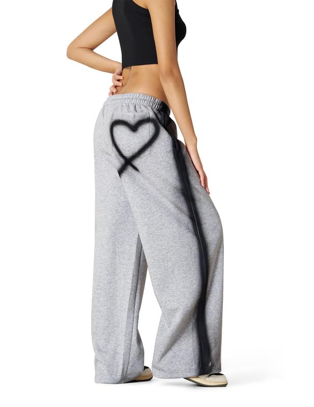 Aelfric Eden Baggy Jogginghose Damen Graffiti Herz Freizeithose | Baumwolle Kordelzug Sweatpants Graue Sporthose mit Taschen