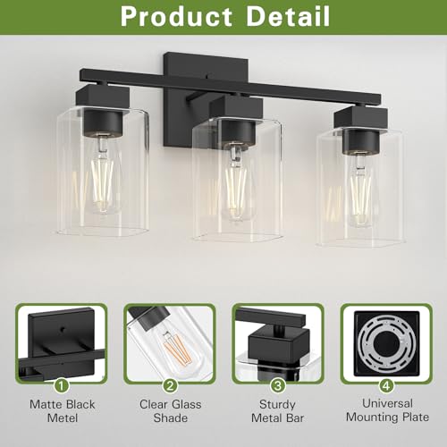 Image of Matte Black Bathroom Vanity Light, 3-Light Vanity Lighting fixtures Over Mirror, Square Design & UL Certification, Wall Sconces with Clear Glass Shades, E26 Socket (Bulbs Not Included)