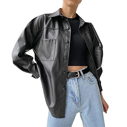 ORANDESIGNE Damen Lederhemd Y2K Retro Punk Übergroßer PU Lederblazer...