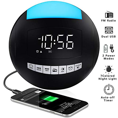 Digital Alarm Clock Radio,Portable FM Radio Loud LED Bedroom Clock,7 Colored Night Light,3