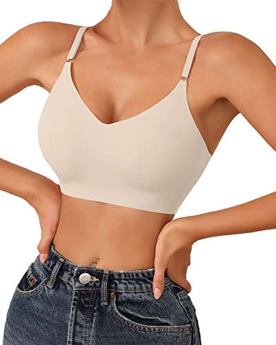 Image of DEANGELMON V Neck Bra Padded Seamless Adjustable Straps Bralettes Everyday Basic Sleeping Bras Multiple Pack