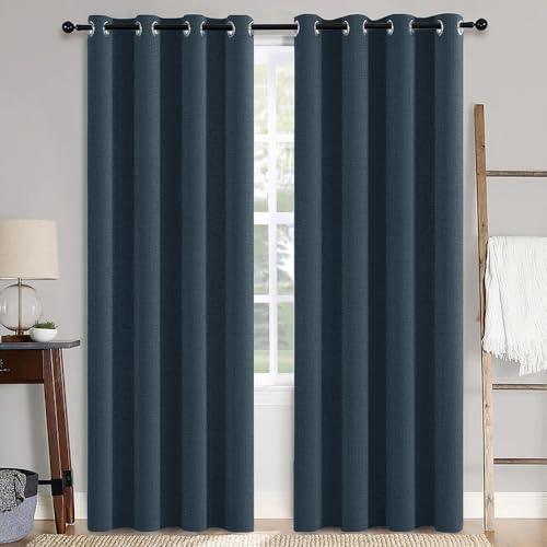 Image of MIULEE 100% Blackout Linen Textured Curtains for Bedroom Solid Thermal Insulated Navy Grommet Room Darkening Curtains & Drapes Luxury Decor for Living Room 52 x 96 Inch (2 Panels)
