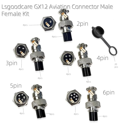 Lsgoodcare 60-teiliges Sortiment an 2/3/4/5/6-poligen 12-mm-GX12-Steckverbindern (Stecker und Buchse) mit Metallgehäuse für Schalttafeln und die Luftfahrt, inklusive Schutzkappen