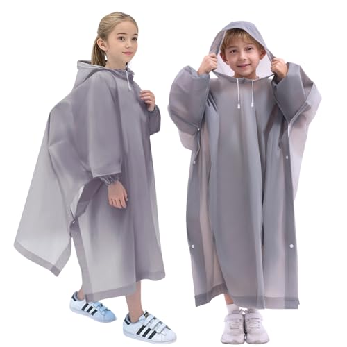 DZTSMART 2 Stück Regenponcho kinder Vollärmel Regenjacke Mädchen Jungen EVA Leichter regenmantel kinder für Schule Radfahren Camping Wasserparks Festivals Wandern (Grau)