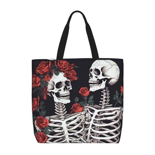 Rose and skeleton Tote Bag for Women, Zipper Casual Tote's Handbag for Travel, Work, Lightweight Laptop Bags Big Capacity Shoulder Bag Reusable Grocery Shopping Bags