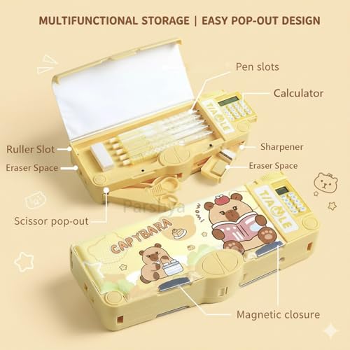 Image of KiddieWorld Capibara Multifunction Pencil Box for Kids with Calculator, Sharpener, Scissor Pop-Out, Magnetic Closure, Large Capacity Double-Sided Storage | Cute Cartoon Pencil Case
