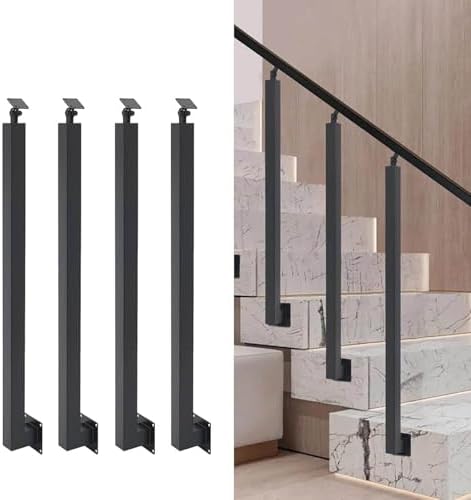 Adjustable Black Metal Spindles Kit - 4PCS Square Stair Baluster Posts with Screws, 270° Indoor Railing Support Rods for Staircase, 105cm Height