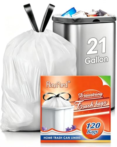 RayPard Large 21 Gallon White Drawstring Trash Bags, 1.97 Mil, 120 Count