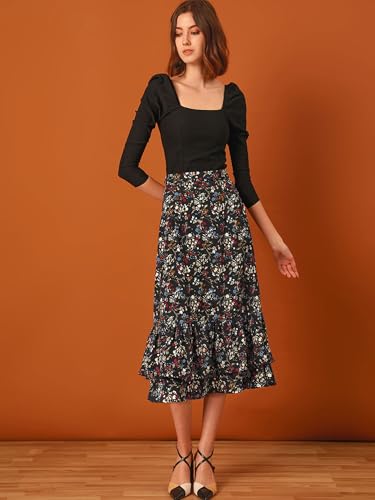 Image of Allegra K Women's Printed Skirt 2025 Weekend Trendy Summer Chiffon Ruffle Tiered Flowy Midi Skirts