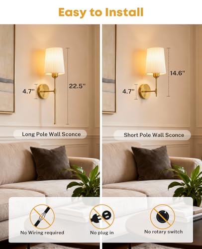Image of Battery Operated Wall Sconces Set of 2, Rechargeable Wall Sconce 13000mAh Gold Wireless Wall Sconces with Remote Battery Powered Sconces Decor Set of 2 Wall Lights for Living Room Bedroom