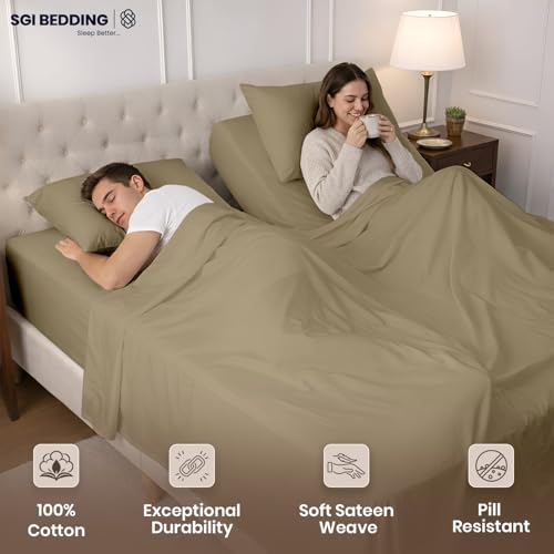Image of SGI Split King Sheet Set for Adjustable Bed Egyptian Premium Cotton 600 Thread Count Sheets for Sleep Number Bed 15 inch Deep Pocket 5 Pc Set with 2 Twin XL Fitted Sheets Soft Breathable -Taupe