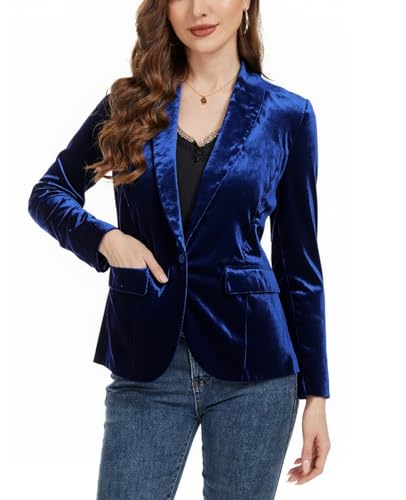 MINTLIMIT Women's Velvet Blazer Long Sleeve Tailored Jackets One Button Shawl Collar Velvet Jacket for Work and Evening Events Navy Blue