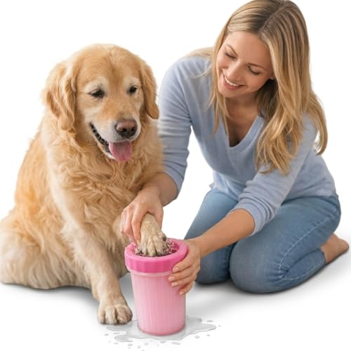Dog Paw Cleaner Cup with Soft Silicone Bristles Portable Mud Remover Reusable Travel Paw Washer for Small Medium and Large Dogs (Pink 9 by 11cm)
