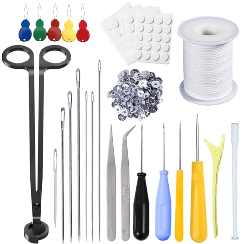 Nimozekd 28 PCS Beginners Candle Making Kit for Adults with 200 ft Candlewick,Long Large-Eye Candle Piercing Needle and Wick Cutter 7INCH,Wick Inserting Tool Mold Punch Needle with Hook Eye for Moulds