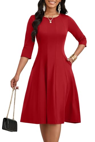 Image of CLOCOR Casual Midi Dresses for Women A-Line Fit and Flare Elegant Church 3 /4 Sleeve Crew Neck Dress with Pocket