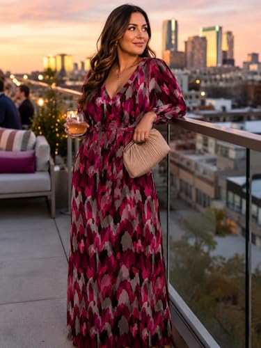 Image of PinkPatty Women's Long Sleeve Maxi Dress Plus Size Trendy Wedding Guest Dress with Pockets&Belt
