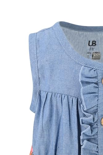 Image of Unique Baby Girls Sleeveless Denim Dress with Knot Tie and Fun Print for Toddler and Big Kids