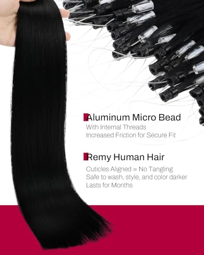Image of Moresoo Micro Loop Hair Extensions Real Human Hair, Jet Black, 14 Inch | 50g 50 strands, no heat no glue, micro loop extensions, natural black blend, fine hair, everyday office styling