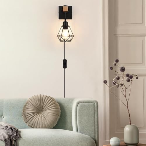 Aplique de pared E27 con enchufe e interruptor de madera retro para salón negro 7