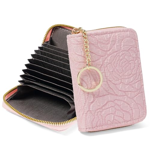 Image of RNIEGA Credit Card Holder RFID Blocking Small Wallet for Women Vegan Leather Card Case Wallets with Zipper Keychain