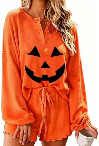 Image of Roshop Halloween Pajama Women's Pumpkin Top & Shorts Loungewear Set