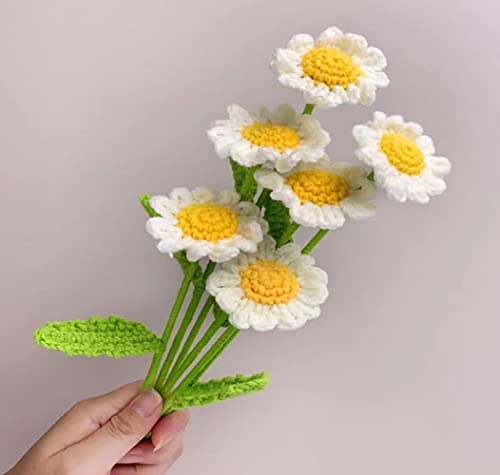 8 Pcs Hand Made Knitted Fake Sunflower Daisy Artificial Flowers for Decoration Crochet Flowers，Flocked Daisy Flower Bundle Fake Plants Wedding Centerpieces for Bedroom (White and Pink) - Thumbnail 6
