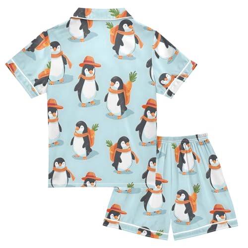 ALAZA Penguin Carrot Blue Satin Pajamas Set Short Sleeve Button Down Sleepwear Summer Pjs 2 Piece2