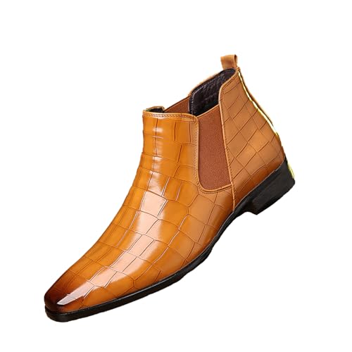 Men's Leather Print Slip On Chelsea Boots Comfortable High Top Pointed Toe Elastic Band Pull On Business Casual Dress Ankle Boots