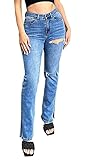 Women’s Ripped Stretchy High Waisted Relaxed Fit Jeans Split Hem Straight Denim...