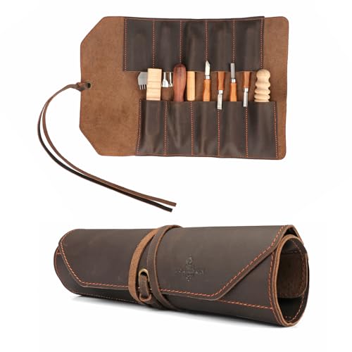 Tourbon Full Leather Knife Roll Carving Tool Organizer Craft Carrier Storage Bag Case with 10 Slots