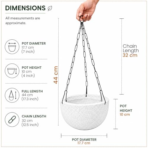 Image of Go Hooked Henri Hanging Planter Pot for Indoor & Outdoor Plants Pack of 5 | 7 Inch Plastic Hanging Pots with Metal Chain | Decorative Round Hanging Planter for Balcony, Garden & Home Decor (Marble)