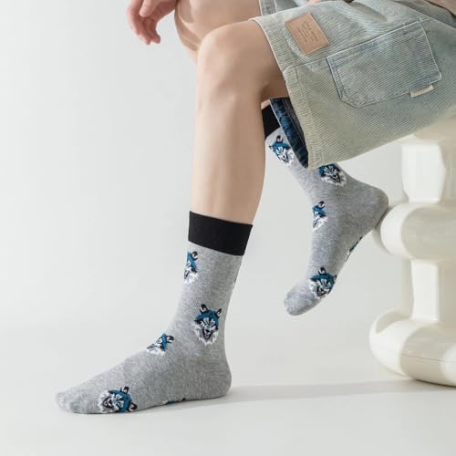 Image of 5 Pairs Cute Animal Crew Socks Fun Casual Cotton Calf Socks for Women (US, Alpha, One Size, Regular, Regular, Wolf)